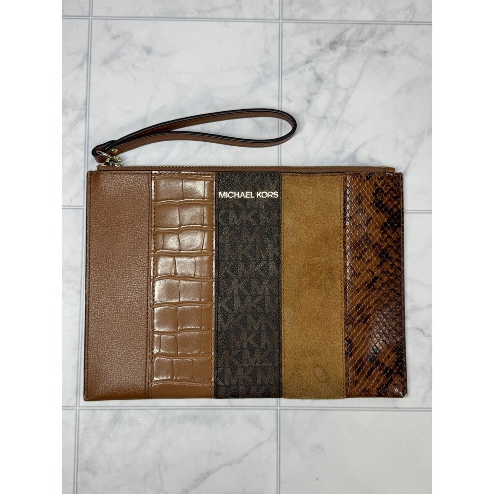Michael Kors Brown Mixed-Material Patchwork Wristlet Wallet